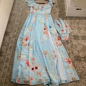 Yumi Kim Anthropologie blue floral maxi dress. Size medium. Off the shoulder.